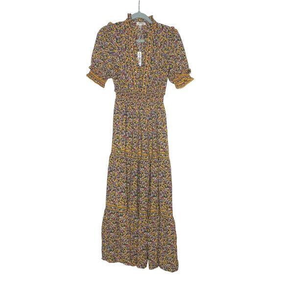 Max Studio Floral Smocked Waist Tiered Maxi Dress Ruffle Neck Multicolor Small - Picture 2 of 12